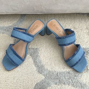 Schultz sandals block heel in denim with fringe size 8